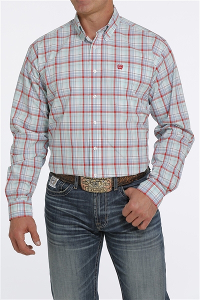 Mens Cinch® Aqua, Red & White Plaid Longsleeve Shirt