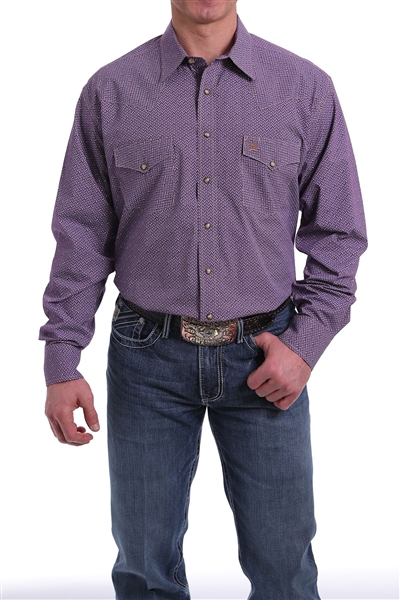 Mens Cinch® Long Sleeve Purple and White Geometric Print Snap Shirt