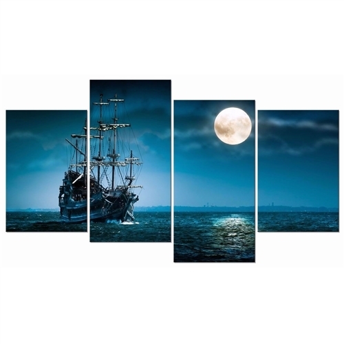 Canvas Wall Art - Full Moon Ocean Ship