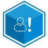 VCS Intelligent Workforce Management icon representing the Staff Selector module. Blue hexagon with dotted figure and exclamation point symbols