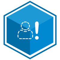 VCS Intelligent Workforce Management icon representing the Staff Selector module. Blue hexagon with dotted figure and exclamation point symbols