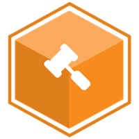 VCS Intelligent Workforce Management icon representing the Vacation & Shift Bidding module. Orange hexagon with mallet symbol