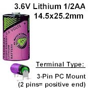 COMP-4-3: 3.6V/950mAh lithium 1/2AA 3pin PC Mount