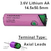 LITH-10-5: 3.6V/2100mah AA Lithium Cell w/ Axial Leads