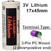 LITH-12-3: 3V/2500mah Lithium 3 Pin PC, DISCONTINUED