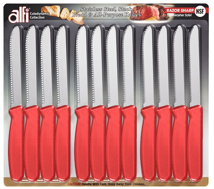 Alfi All-Purpose Knives Aerospace Precision Rounded Tip - Home and Kitchen Supplies - Serrated Steak Knives Set | Made in USA (Multi-color, 12 Pack)