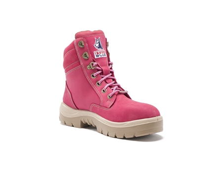Southern Cross Ladies steel toe work boot, pink sizes come in  4-11 Wide. Premium cowhide water resistant leather, heavy duty flexible anti-bacterial  bib woven insole.