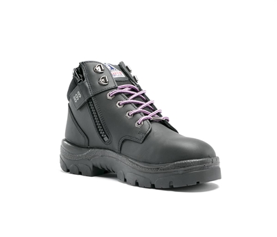 Black Steel toe work boot, The Parkes Zip Ladies is a 3.7-inch hiker style lace-up Ankle Boot with padded collar and tongue. Steel Blue Ladies safety boots are designed just for women and include a shorter ankle length and smaller instep.