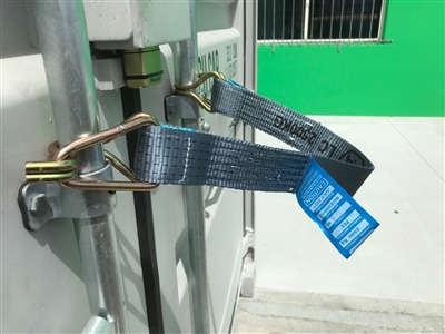 Container door strap with hook and keeper ends