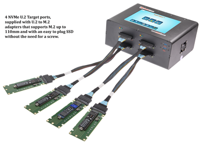 SuperWiper 8" with 4 ports of NVMe portable erase unit with 8"  Touchscreen LCD color display, NVMe, e-SATA and USB3.0 ports and TB3.0 port.