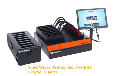 SuperWiper Desktop Pro Gen3- heavy duty  drive eraser and format with at extreme speed, simultaneously, for 16 SAS/SATA-3 HDD and 8 USB3.1 storage devices.