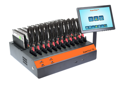 SuperWiper Desktop XL 12 SAS/SATA Gen-3 - heavy duty drive eraser and format with at extreme speed, simultaneously, for 12 SAS/SATA-3 drives and 10 USB3.2 digital storage devices.