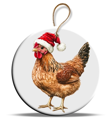 Chicken with Santa Hat Ceramic 2.95" Holiday Ornament