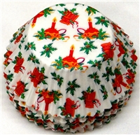BC-50 Red Bells, Candle, Grn. Holly, Christmas Design on White Standard Baking Cup 500 ct.