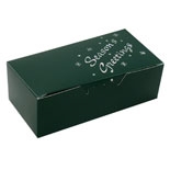 BO-1110FGXG 1 lb. Green "Season's Greetings" 1 piece box. 7in. x 3 3/8in. x 2in. Quantity 250