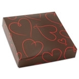 BO-1369CVH 8 oz. Chocolate Brown w/ Red Hearts Square Cover,5 1/2" x 5 1/2" x 1 1/8". Quantity 250