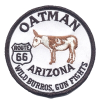 OATMAN ARIZONA ROUTE 66 WILD BURROS, GUN FIGHTERS embroidered patch.
