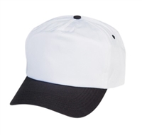 Cotton 5 panel cap with a plastic one size fits most size adjust. Printable front. We can sew most patches onto these caps.