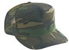 Green camouflage 5 panel cap with mesh rear panel.