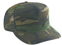 Green camouflage 5 panel cap with mesh rear panel.