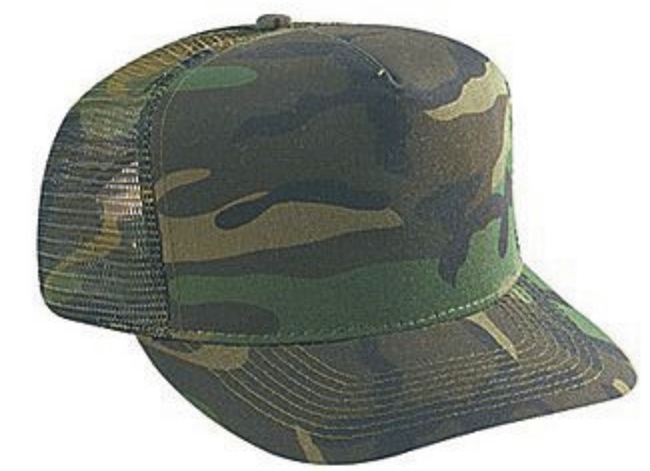 Green camouflage 5 panel cap with mesh rear panel.