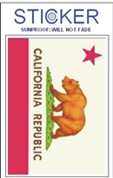 CALIFORNIA REPUBLIC flag sticker - 4.875" tall x 3.125" wide vinyl with a drilled hole to hang in a display rack. Sticker peels off to shape & measures 2.5" tall x 3.75" wide. Coated to be fade resistant. Suitable for a bumper, outside of a wi