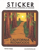 CALIFORNIA REDWOODS souvenir sticker. Fade resistant. Measures 3" x 3". Total package is 3.375" wide x 4 5/16" tall. Hangs on a store display. Printed in the USA.