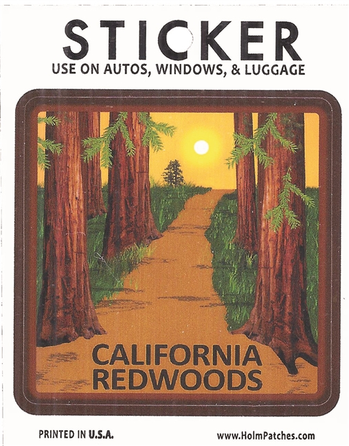 CALIFORNIA REDWOODS souvenir sticker. Fade resistant. Measures 3" x 3". Total package is 3.375" wide x 4 5/16" tall. Hangs on a store display. Printed in the USA.