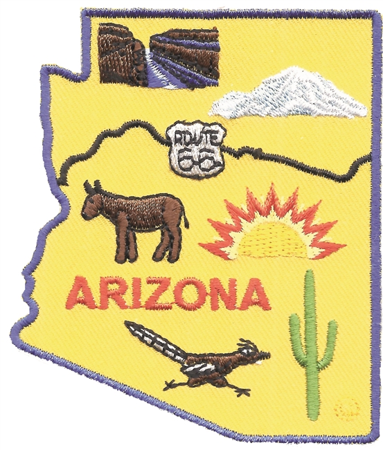 ARIZONA state shape map souvenir patch. Grand Canyon, San Francisco Peaks, Route 66 highway, Oatman burro, roadrunner, sun, & cactus, AZ