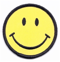smile face fun embroidered patch: 2.5" . Patches have an iron-on backing & are carded for a display rack for retailers.
