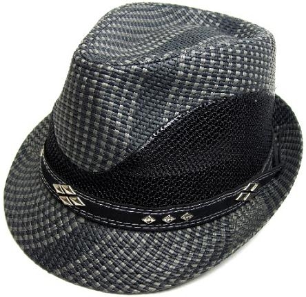 fedora hat, black straw with mesh