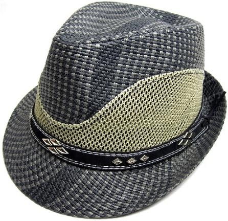 fedora hat, black straw w khaki mesh