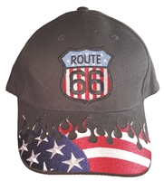 ROUTE 66 US flag on black cap with USA flames & ROUTE 66 flag shield
