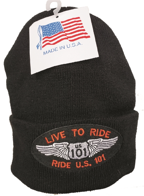 LIVE TO RIDE, RIDE US 101 black knit beanie made in USA.