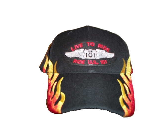 LIVE TO RIDE RIDE US 101 black mid-profile acrylic cap with graduated red-orange-gold flames visor to side of the crown