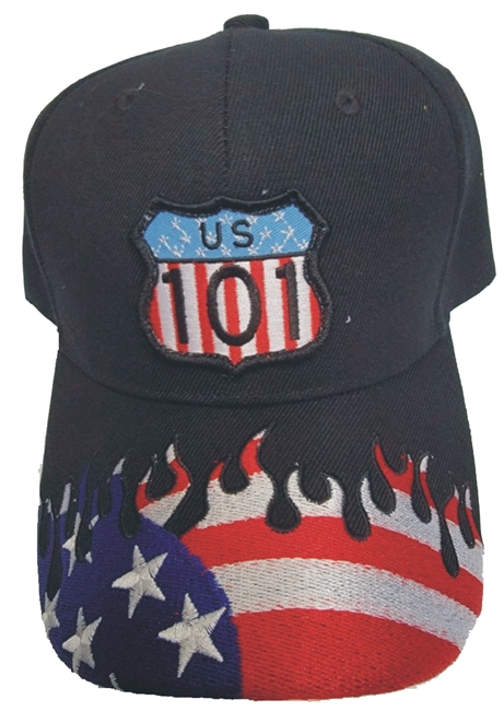 US 101 on US flag on black cap with USA flames