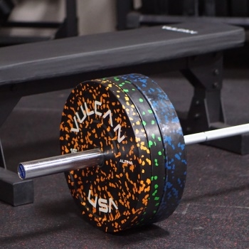 Bench, Bumper Plates, and Barbell Sets
