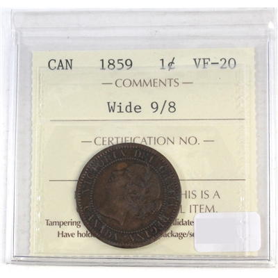 1859 Wide 9/8 Canada 1-cent ICCS Certified VF-20