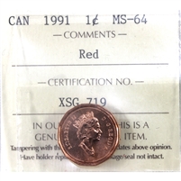 1991 Canada 1-cent ICCS Certified MS-64 Red