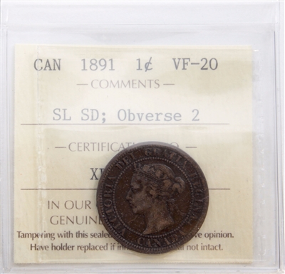 1891 SLSD, Obv. 2 Canada 1-cent ICCS Certified VF-20