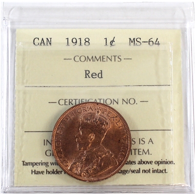 1918 Canada 1-cent ICCS Certified MS-64 Red (XCE 755)