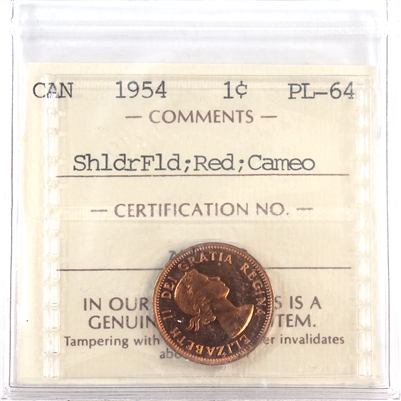 1954 SF Canada 1-cent ICCS Certified PL-64 Red; Cameo