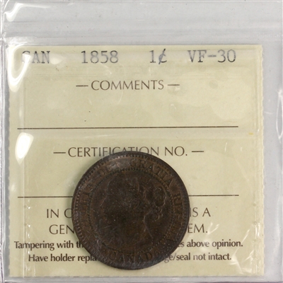 1858 Canada 1-cent ICCS Certified VF-30