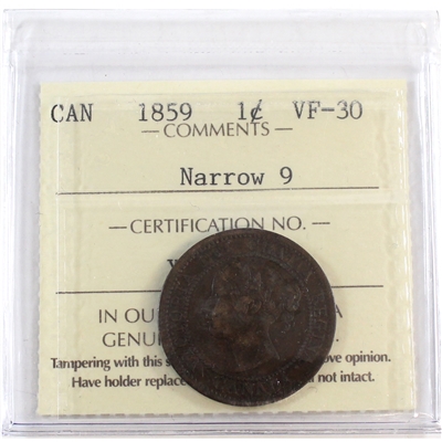 1859 Narrow 9 Canada 1-cent ICCS Certified VF-30