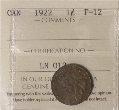 1922 Canada 1-cent ICCS Certified F-12
