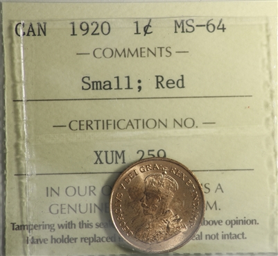 1920 Small Canada 1-cent ICCS Certified MS-64 Red (XUM 259)
