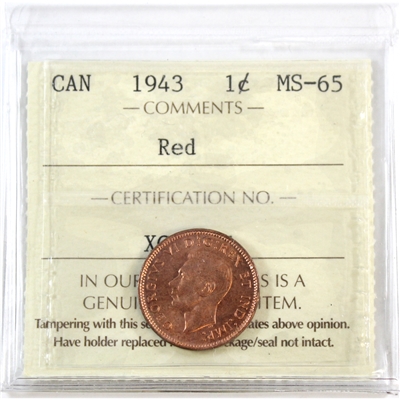 1943 Canada 1-cent ICCS Certified MS-65 Red