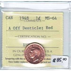 1948 A Off Denticle Canada 1-cent ICCS Certified Red MS-64