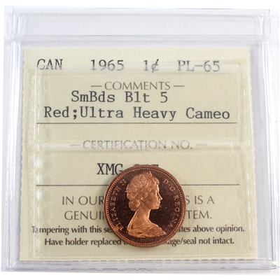 1965 SmBds Blt 5 (Type 2) Canada 1-cent ICCS Certified PL-65 Red; Ultra Heavy Cameo