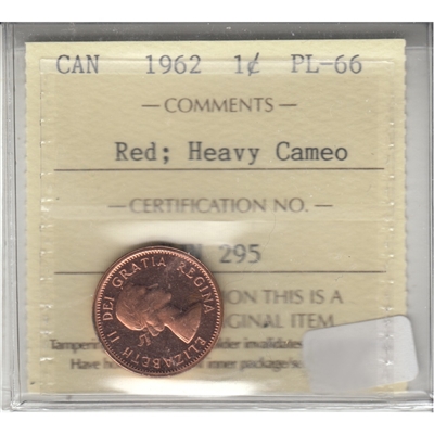1962 Canada 1-cent ICCS Certified PL-66 Red; Heavy Cameo